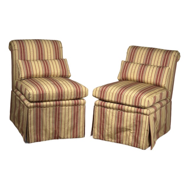 Pair of Upholstered Striped Slipper Chairs With Lumbar Pillows For Sale