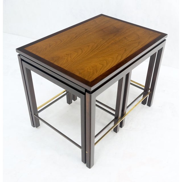 Wood Dunbar 1970s Ebonised Walnut Brass Stretcher Set of 3 Nesting Side End Tables For Sale - Image 7 of 13