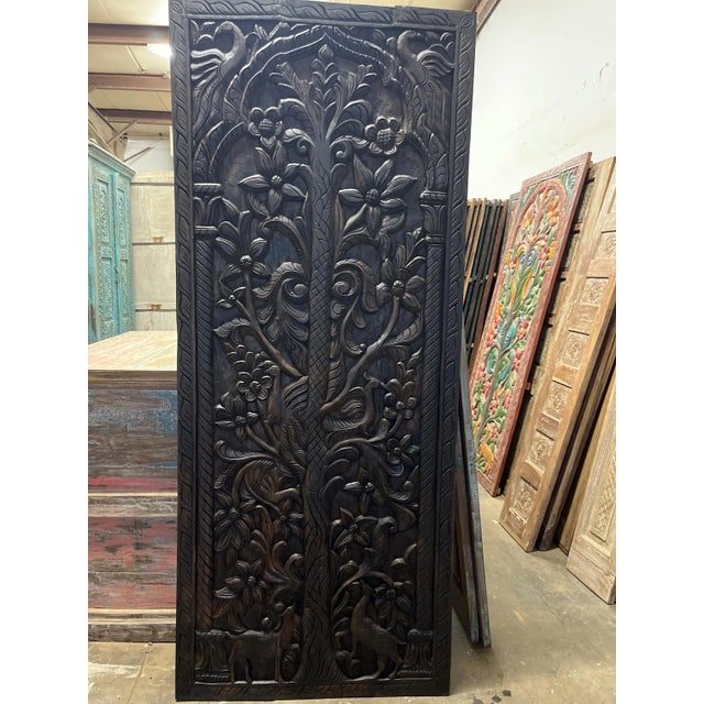 1920s Vintage Hand-Carved Tree of Life & Deer Wood Barn Door – Botanical Statement Panel84x36 For Sale - Image 5 of 5