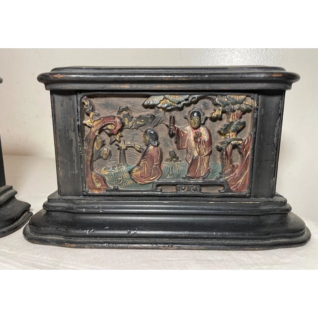 Pair of Antique Chinese Asian Hand Carved Wood Figural Scene Bookends Sculpture For Sale - Image 4 of 10