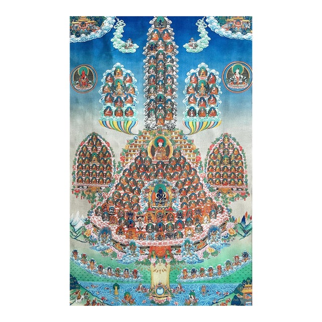 'The Refuge Tree' Thangka Silk Painting, Brocade Framed, Tibetan Textile Wall Hanging For Sale