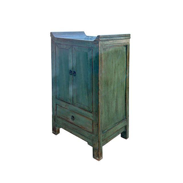 Distressed Sage Green Slim Narrow Point Edge Side Table Credenza Cabinet For Sale - Image 4 of 5