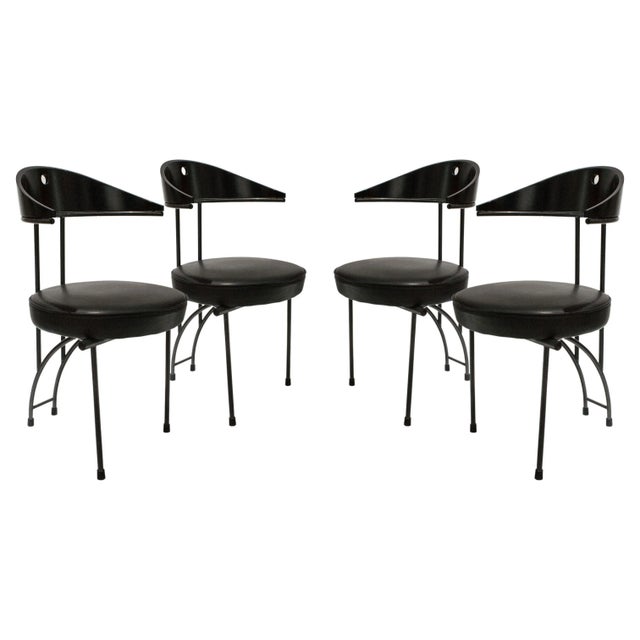 Black Contemporary Black Lacquered Iron Leatherette Chairs, Italy, 1980, Set of 4 For Sale - Image 8 of 8