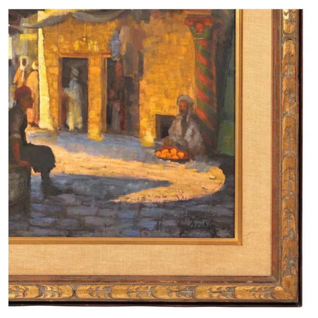 Jalal Gharbi, Large Orientalist Arab Oil Painting Merchants at the Bazaar Souq Jalal Gharbi, 1963 For Sale - Image 11 of 12