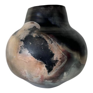 Vintage Organic Pit Fired Art Pottery Vase, Signed For Sale