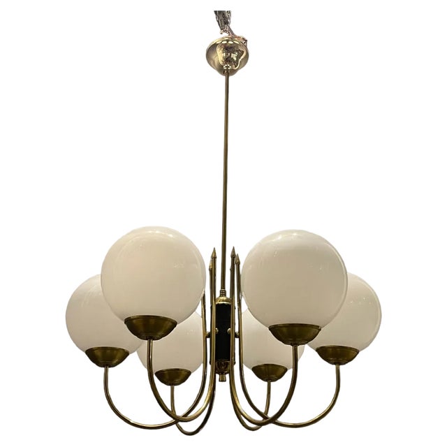 Opaline Glass and Brass Chandelier, 1950s For Sale