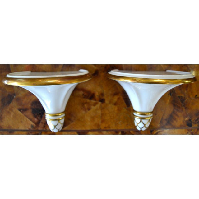 Ceramic Pair of 1940s Hutschenreuther Selb Bavaria Gilt Porcelain Corbel Wall Brackets, Germany For Sale - Image 7 of 12