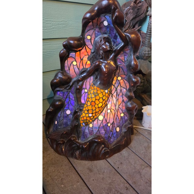 Bronze Vintage Art Nouveau Style Stained Glass Mermaid Table Lamp - Coastal Bronze Finish Sculpture For Sale - Image 8 of 8
