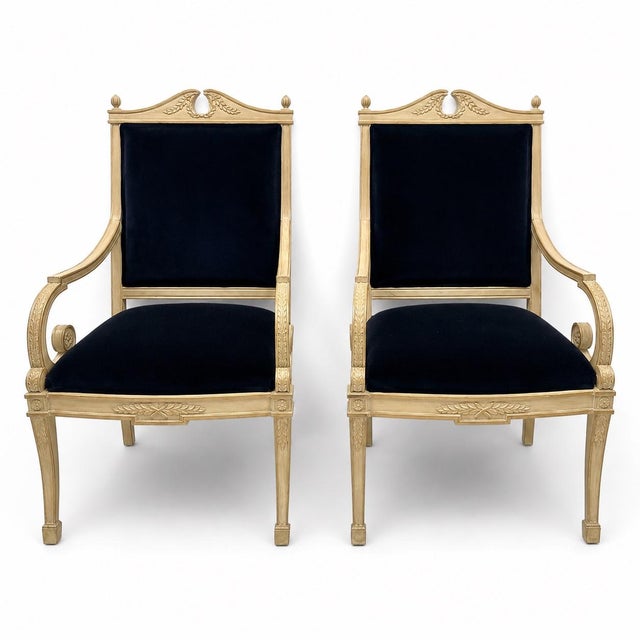 Mid-Century French Neo- Classical Style Beech & Navy Velvet Bergere Chairs - Pair For Sale - Image 4 of 6