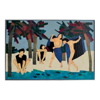 Vintage Seaside Beach Scene Mixed Media Painting, by Rick Bryer For Sale