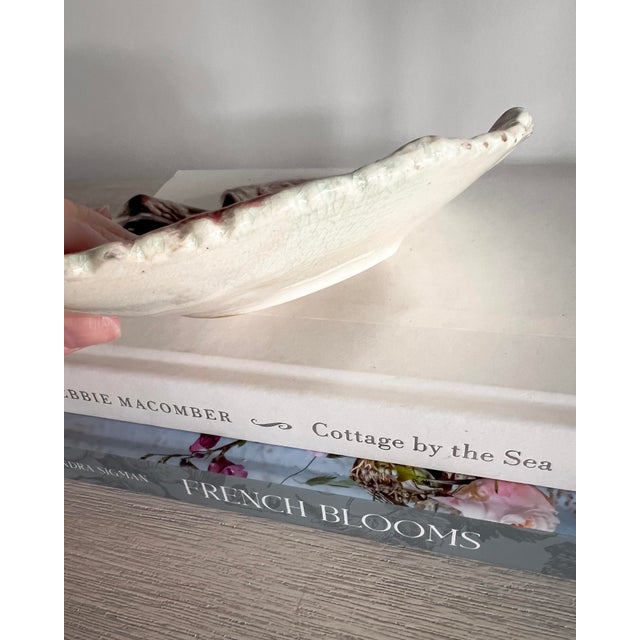 Cream Antique Majolica Leaf-Form Dish – Rose, Cream & Moss Green Textured Ceramic Plate For Sale - Image 8 of 13