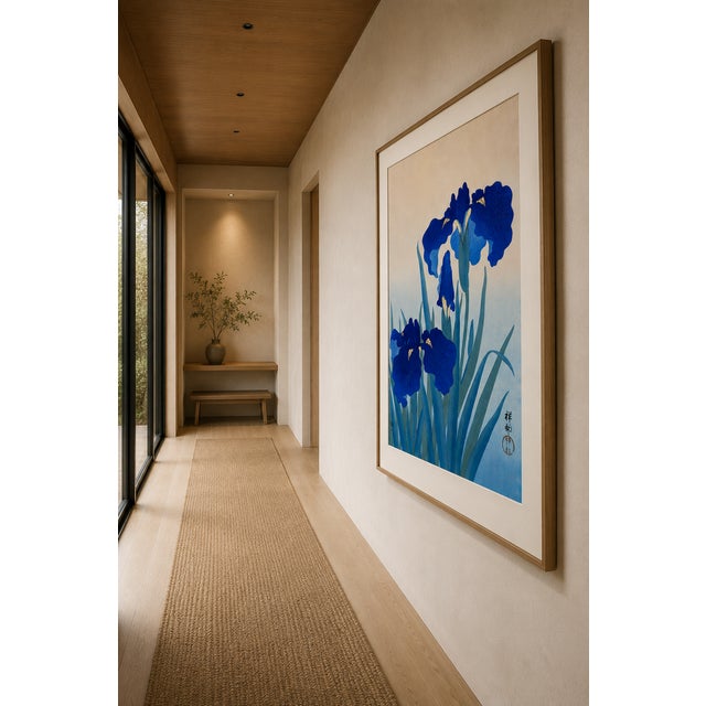 Blue Iris Flowers by Ohara Koson, Japanese Woodblock Print, 20" X 30" For Sale - Image 9 of 13