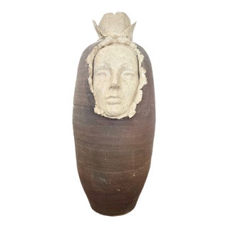 Mid Century Art Studio Sculptural Pottery Floor Vase Emerging Face Sculpture 1970s Celeste Simon For Sale