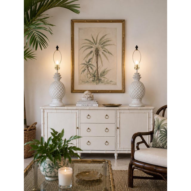 Charming pair of vintage table lamps featuring sculptural pineapple-form bodies crafted in textured white plaster. The...