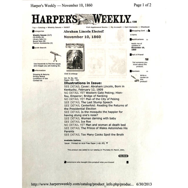 1860 “Abraham Lincoln Elected!” Cover of Harper’s Weekly, Created by Matthew Brady and Winslow Homer For Sale In San Francisco - Image 6 of 7