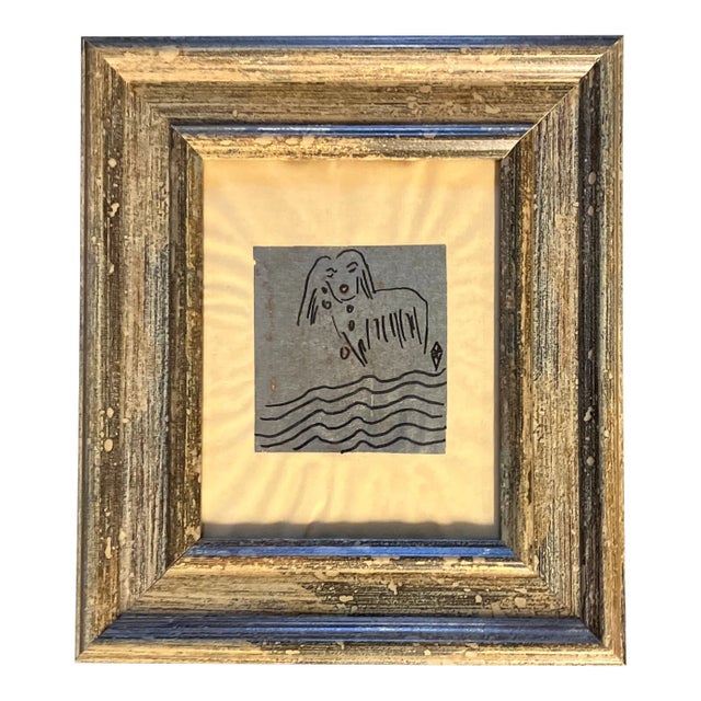 Contemporary Original Judy Henn Abstract Dog Ink Drawing on Silver Leaf Framed For Sale