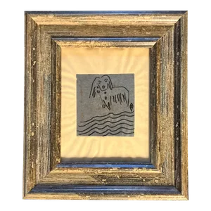 Contemporary Original Judy Henn Abstract Dog Ink Drawing on Silver Leaf Framed