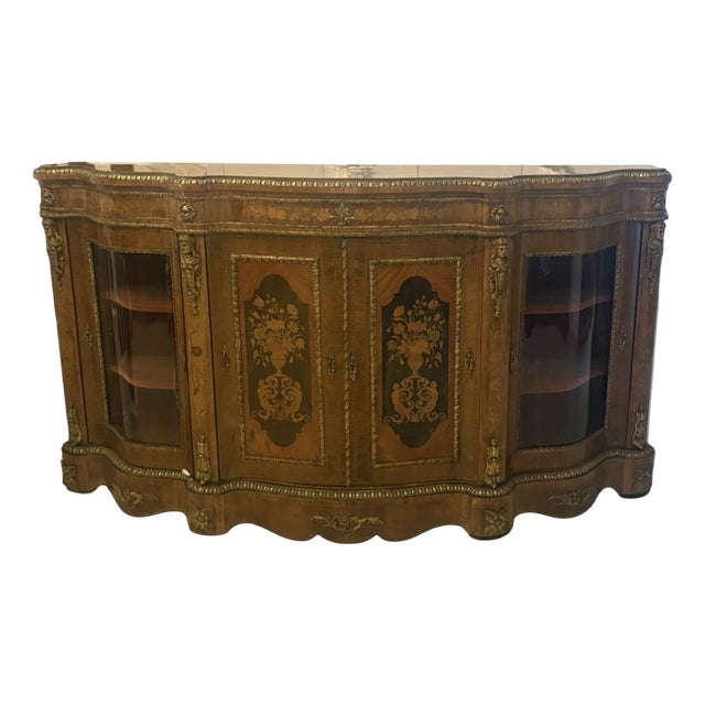 Antique Serpentine Marquetry 4-Door Credenza, 1860s For Sale