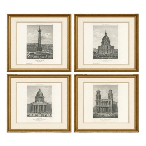 Paris Monuments: Pantheon, Invalides, Bastille, Sulpice, Engravings, 1855, Set of 4 For Sale