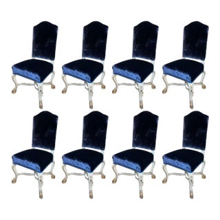 Set of Eight Italian Early 20th C. Gilded and Painted Chairs With Blue Velvet For Sale