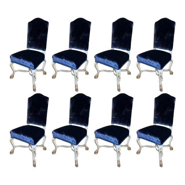 Set of Eight Italian Early 20th C. Gilded and Painted Chairs With Blue Velvet For Sale