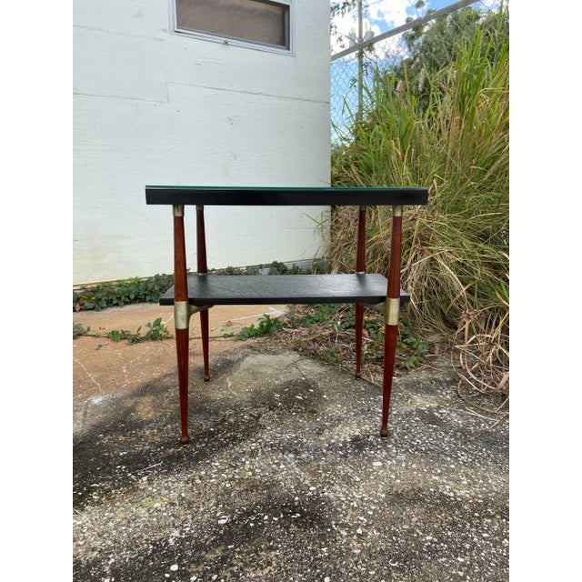 Mid-Century Modern Mid Century Modern Slate + Wood Side Table | Glass Top Cover + Brass Hardware For Sale - Image 3 of 12