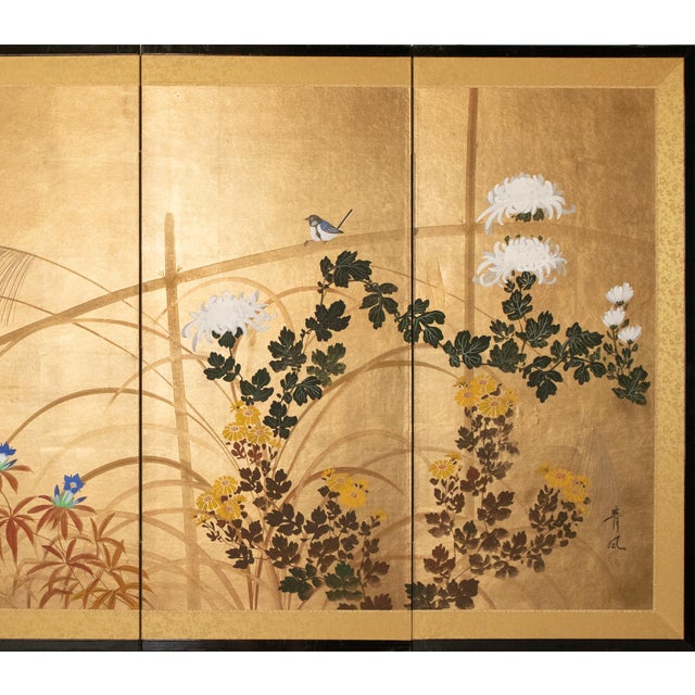 Japanese "Tit and Chrysanthemums", 1970s Shōwa Era Japanese Byobu Screen For Sale - Image 3 of 18