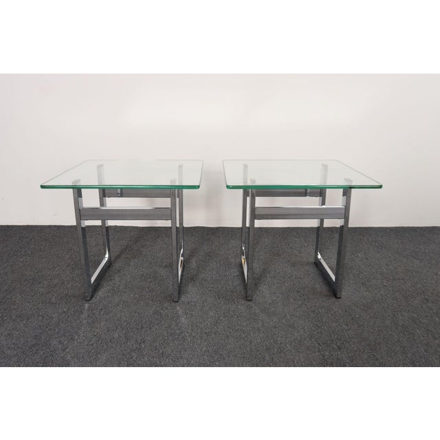 Milo Baughman Mid Century American Modern Side / End Tables in Chrome With Square Glass Tops For Sale - Image 4 of 15