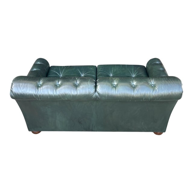 Vintage Dark Green Tufted Leather English Club Loveseat For Sale - Image 11 of 14