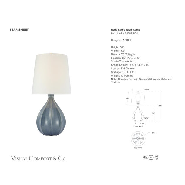 AERIN by Visual Comfort Signature Rana Large Table Lamp in Polar Blue Crackle with Linen Shade Designer: AERIN Height: 30"...