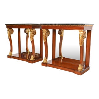 Kindel Furniture Empire Carved Mahogany and Gold Gilt Console Tables With Mirrored Backs, Pair For Sale