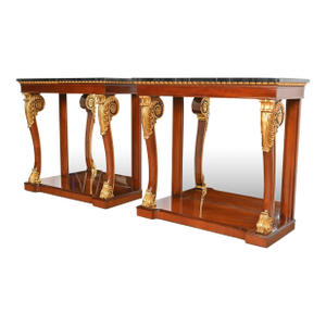 Kindel Furniture Empire Carved Mahogany and Gold Gilt Console Tables With Mirrored Backs, Pair