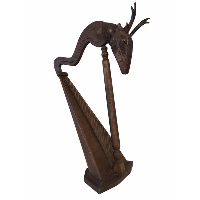 Large Antique Early 20th Century Oak Wood Stag Head Harp For Sale - Image 13 of 13
