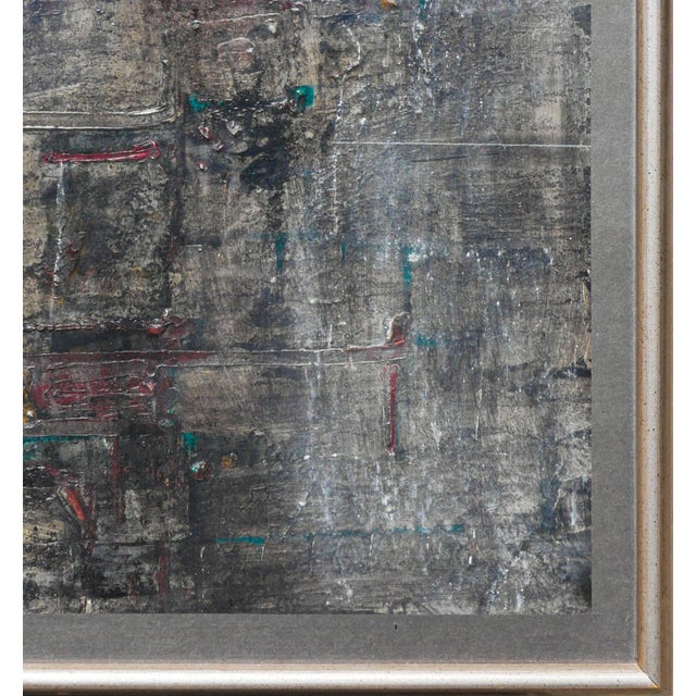William Lee Moreland "Masked Figure" Blue and Gray Toned Abstract Expressionist Textured Painting, 1961 For Sale - Image 10 of 11