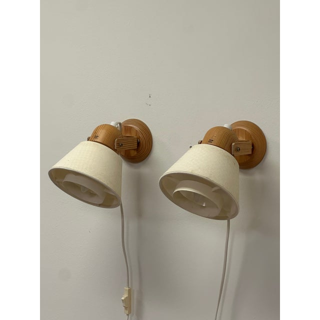 Mid-Century Modern 1970s Swedish Pine and Fabric Wall Lights Solbackens Svarveri - A Pair For Sale - Image 3 of 11