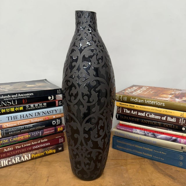 Rustic Glazed Midnight Black Ceramic Vase with Curled Floral Design For Sale - Image 3 of 9