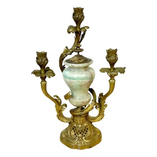 19th C. Louis XVI Style Ormolu 3 -Light Candelabra with Green Rock Crystal Urn For Sale