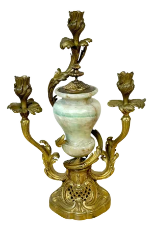 19th C. Louis XVI Style Ormolu 3 -Light Candelabra with Green Rock Crystal Urn