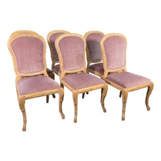 c.1970's Carved Florentine Faux Bois Italian Dining Chairs in Velvet, Attributed to Chelini - Set of 6 For Sale