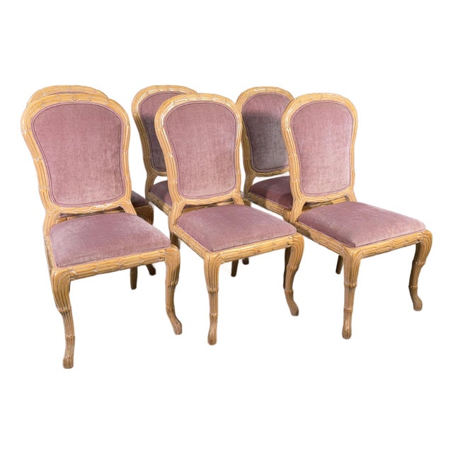 c.1970's Carved Florentine Faux Bois Italian Dining Chairs in Velvet, Attributed to Chelini - Set of 6 For Sale