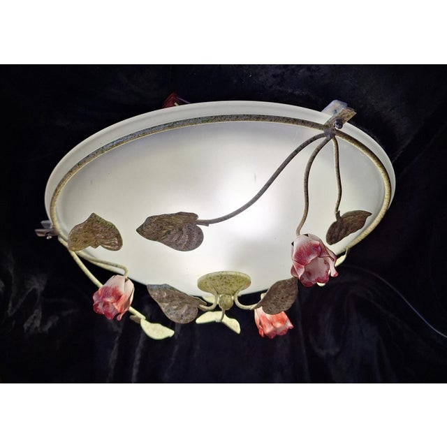 Florentine Ceiling Lamp with Colored Metal Flower Frame and Frosted Glass Shade, 1990s For Sale - Image 3 of 9