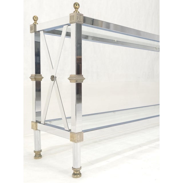 Maison Jansen Two Tier Glass Shelves Chrome & Brass Rectangle 60" Long Italian Console Table For Sale - Image 4 of 14
