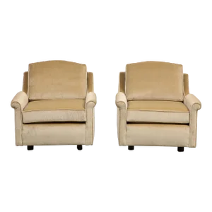 Pair of 1940s Tan Velvet Club Chairs, Newly Upholstered