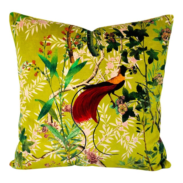 Mind the Gap Royal Garden in Green Pillow Cover - Chartreuse With Wild Bird Pattern Printed Velvet For Sale