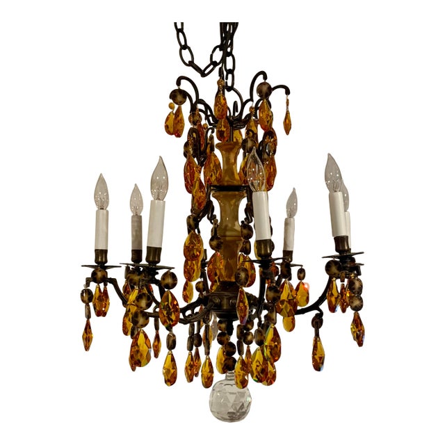 Myran Allan Luxury Lighting Neoclassical Bronze and Amber Crystal Chandelier For Sale
