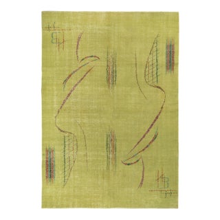 1960s Vintage Art Deco Rug in Distressed Green, Purple, Geometric Pattern For Sale