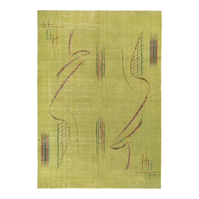 1960s Vintage Art Deco Rug in Distressed Green, Purple, Geometric Pattern For Sale