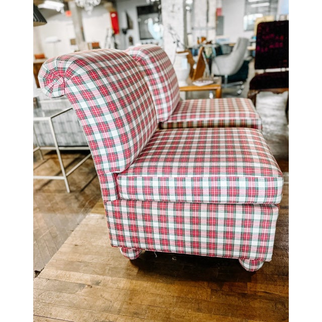 Vintage 1992 Pair of red, white and green Christmas plaid slipper side chairs. Made by Ashley Manor in North Carolina....