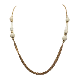 Vintage 1970s Signed Crown Trifari Carved Faux-Ivory Sautoir Necklace