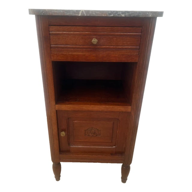 Antique Nightstand Marble Top Interior Commode Cabinet, Drawer and Shelf For Sale
